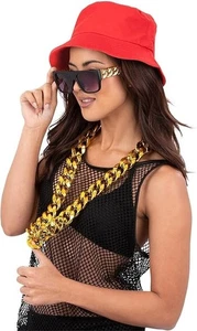 Smiffys 90s Hip Hop Kit Red Bucket Hat, Specs & Chain Necklace - Picture 1 of 1
