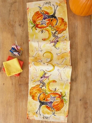 April Cornell Boo! Pumpkin Witch Black Cat Halloween Cotton Canvas Table Runner - Image 1 of 4