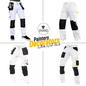Mens Decorators Pants Painters White Work Trousers With Cargo & Knee Pad Pockets - Picture 1 of 32