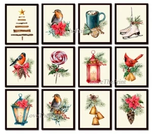 Weihnachten Wandkunst Urlaub 12er Set Drucke schöne Vögel Kaffeebecher ungerahmt - Bild 1 von 10