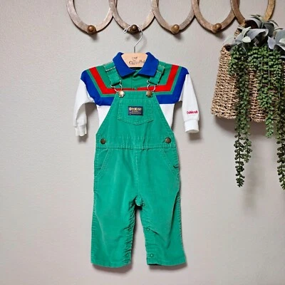🌿 Vintage 1980s OshKosh B’gosh Vestbak Green Corduroy Overalls & Matching Shirt - Image 1 of 4