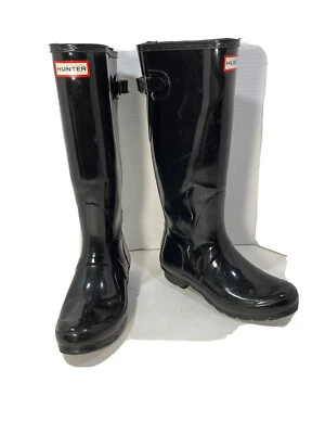 HUNTER Womens Size 7 Gloss Black Tall Wellington Boots-Buckle-Waterproof - Image 1 of 4