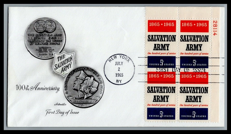 US FDC # 1267 5c Salvation Army Artmaster Plate Block 28114 UR 1965, 9L446 - Image 1 of 1