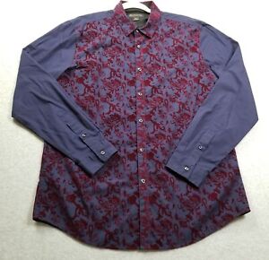 I.N.C Button Up Shirt Men Large Violet Burgundy Paisley Long Sleeve Velvet Trim