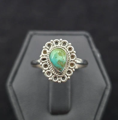 Anillo Turquesa Oro Esterlina Sonora Talla 7.75 Lágrima Delicado Boho Halo Retorcido Foto 1 de 4