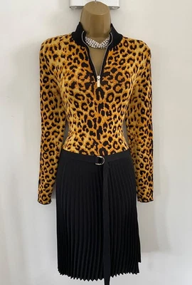 NEW Karen Millen S Size 10 12 PLEATED BELTED FINE KNIT DRESS IN MUSTARD BLACK - Image 1 of 4