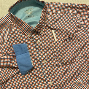 Huk Shirt Mens Large Blue Orange Checked Performance Fishing Camp Outdoors - Picture 1 of 7