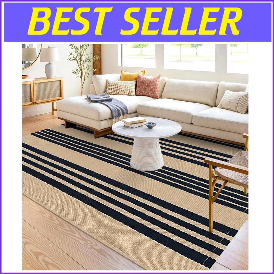 Versátil alfombra de algodón tejida a mano marrón y negra 5x7 pies - uso en interiores/exteriores Foto 1 de 4