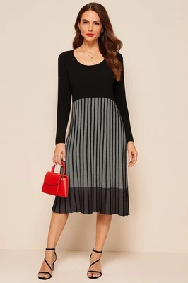 Vestido Andrew Marc Negro Gris Plisado Tejido Manga Larga Línea A Grande Foto 1 de 4