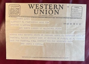 1951 WESTERN UNION TELEGRAM From Phoenix, AZ To Allentown, PA Death Of Husband - Picture 1 of 2