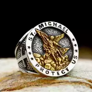 Medaglia Arcangelo Acciaio Inox Croce Cattolica Anello Uomo San Michele Unisex - Foto 1 di 25