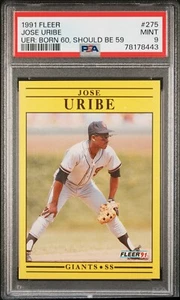 1991 Fleer Jose Uribe PSA 9 Graded MINT Card #275 Error Card Born 60, 59 *POP 8* - Picture 1 of 2