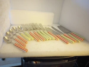 Candy Color Striped Fun Silverware Set Service For 6 Minus 1 Spoon Stainless - Picture 1 of 4