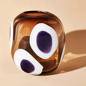 Anthropologie Rounded Glass Patterned Vase Brown Purple White - Picture 1 of 13