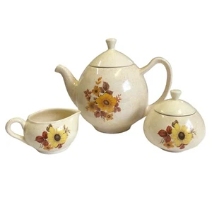 Studio Art Pottery Tea Pot Cream Sugar Tan Speckle Gold Brown Floral Signed LJM - Picture 1 of 18