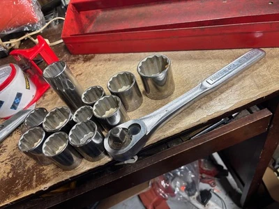 Sockets Craftsman USA LOT 1/2” Dr 12pt Sockets & Ratchet 12 pc lot Metric SAE G - Image 1 of 4