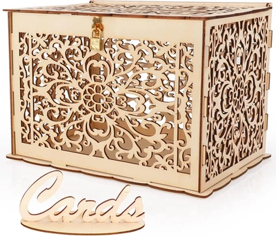 Hooqict DIY Wedding Card Box with Lock Large Rustic Wood Wedding Gift - Image 1 of 4