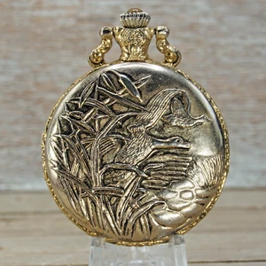 MANI Antimagnetic Flying Ducks Pocket Watch Gold Tone Vintage Works - Picture 1 of 3