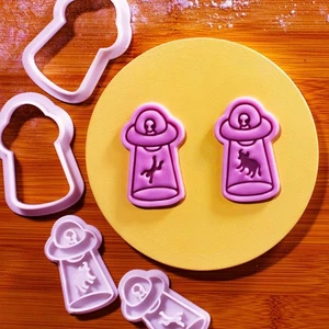 Alien Abduction Mini Cookie Cutter + Stamp Set – UFO Abducts Cow & Man Designs - Picture 1 of 6