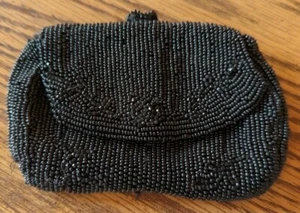 Antique Black Beaded Coin Medicine Makeup Purse Ornate Handmade In Belgium - Picture 1 of 6