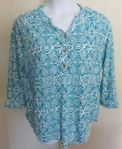 CAMISA CATHY Azul Aqua Estampado Manga Pestaña Enrollable Damas Talla XL Usada Una Vez Patrón Geo - Imagen 1 de 3