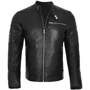 Men's Biker Style Cafe Racer Motorcycle Real Black Lambskin Leather Jacket UK - Picture 1 of 5
