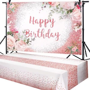 Rose Gold Birthday Party Supplies Backdrop Tablecloth 2 Pcs Pink Large Vinyl Pla - Picture 1 of 6