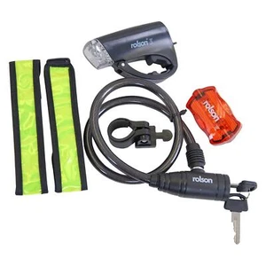 Rolson 5 Pc LED Lights Reflective Bands Cable Lock Bike Kit Accessories Set UK - Picture 1 of 8