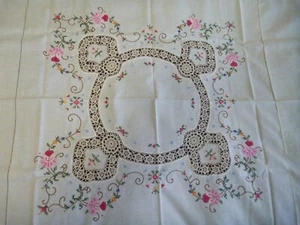 Vintage Tablecloth & 6 Napkins Cross Stitch Embroidery Cut Out Crochet Applique - Picture 1 of 7