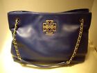 Tory Burch Britten Large Dark Blue Pebbled Leather Convertible Tote Shoulder Bag