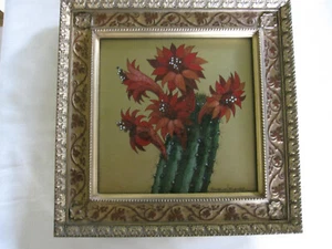Theo Fabian Becker Original Water Color Reverse Glass Painting Red Cactus Flower - Picture 1 of 11