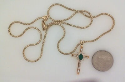 Solid 14K  Diamond & Emerald Cross Necklace - 14K Yellow Gold Necklace 5.6 Gram - Image 1 of 2