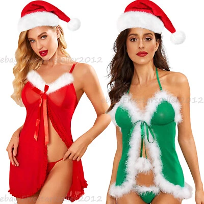 帽子圣诞性感内衣圣诞老人花边娃娃睡衣派对服装丁字裤 — 第 1/4 张图片