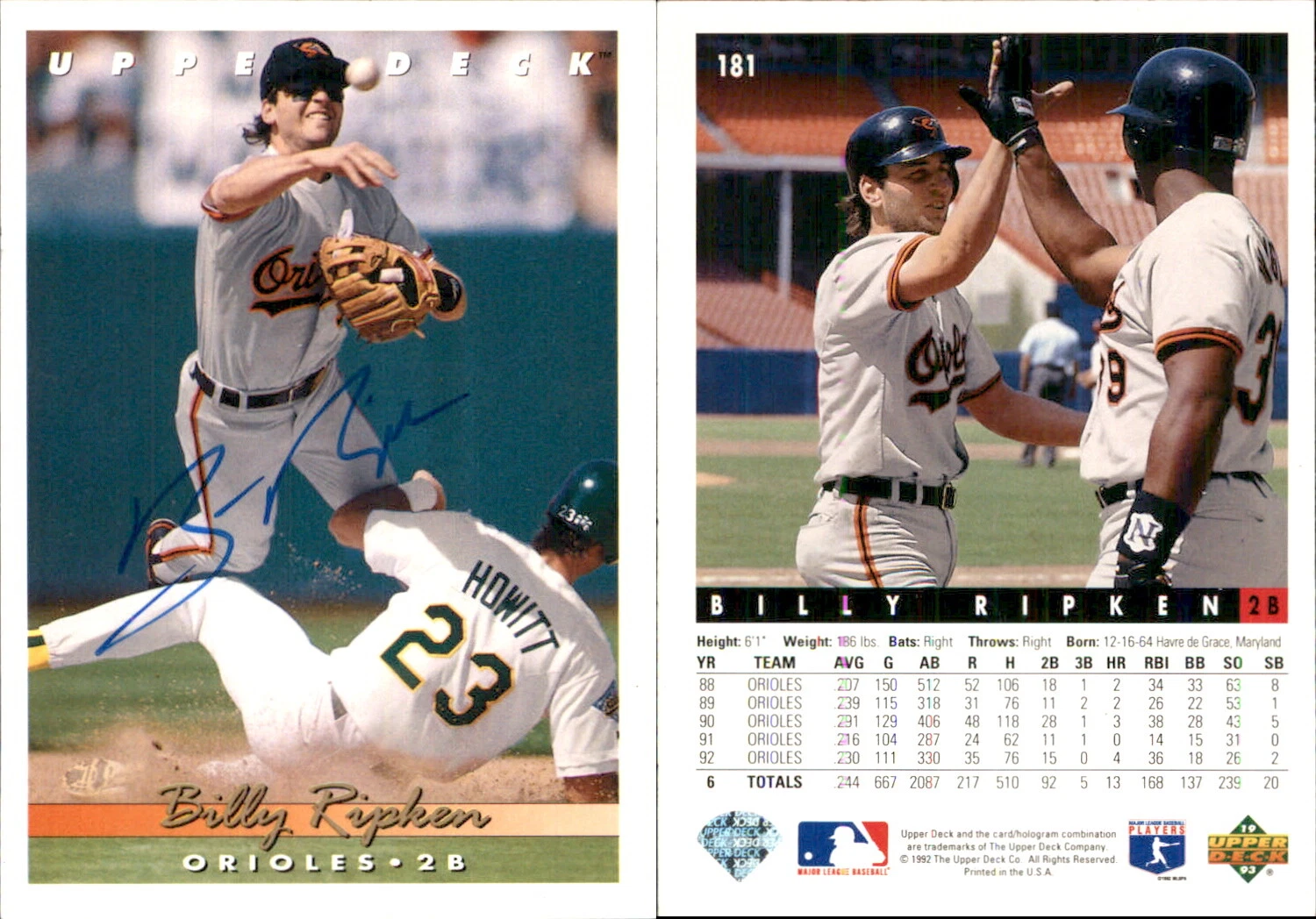 Billy Ripken Signed 1993 Upper Deck #181 Card Baltimore Orioles Auto AU
