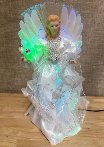 14" Glasfaser Engel mit schimmernden Flügeln Christbaumspitze weiß silber - Bild 1 von 9