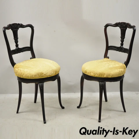 Antique French Victorian Carved Rosewood Small Petite Accent Side Chairs - Pair Cover