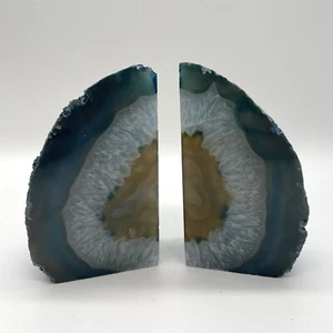 Vintage Blue Agate Bookends 1kg Fossil Crystal Stone Cut Polished Geode - Picture 1 of 8