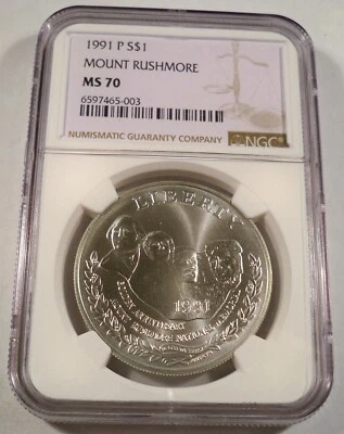 1991-P NGC MS70 SILVER DOLLAR MOUNT RUSHMORE MS 70 COMMEMORATIVE BU S$1 - Image 1 of 4