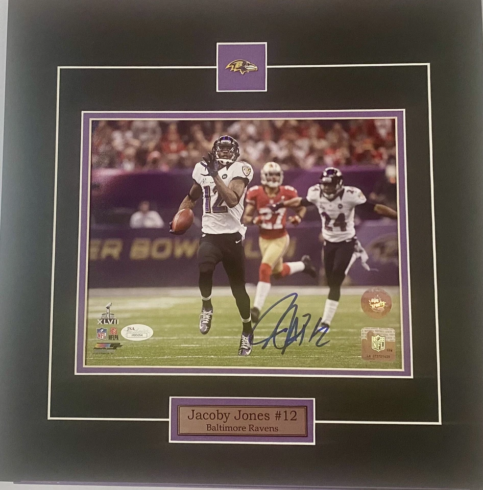 FOTO 8x10 firmada por JACOBY JONES mate con pin/placa BALTIMORE RAVENS JSA Foto 1 de 1