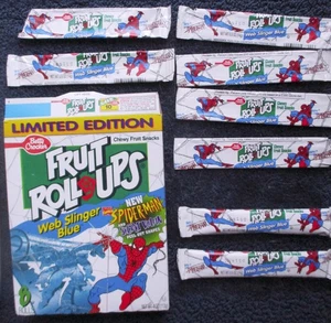 Spider-Man FRUIT ROLL-UPS Web Slinger blau 2 SEALED, Box + 6 Leerverpackungen 1995 - Bild 1 von 2