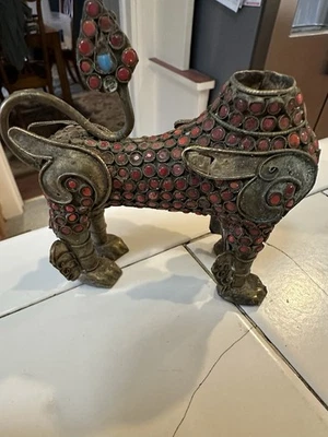 🐉 Antique Tibetan Bronze Snow Lion Figure Coral & Turquoise Inlay Missing Head - Image 1 of 4