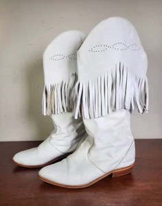 Vtg Cowgirl Boots Womens White Leather Western Fringe Cowboy Carter Size 7 Flaws - Picture 1 of 24