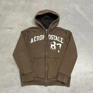 Vintage Y2K Aeropostale Hoodie Sherpa Lined Mens Large Brown Full Zip Distressed - Picture 1 of 8
