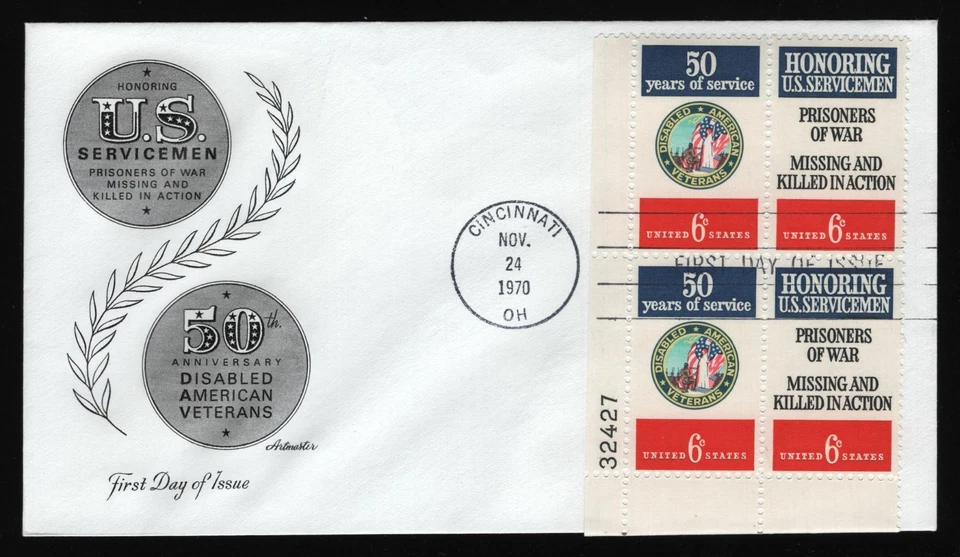 #1422a 6c DAV/Servicemen-Plt Block, Artmaster-Cincinnati H/C **ANY 5=FREE SHIP** - Image 1 of 1