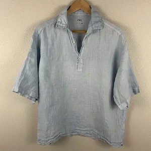 Polo Zara Hombre M Azul 100% Lino Manga Corta - Imagen 1 de 4