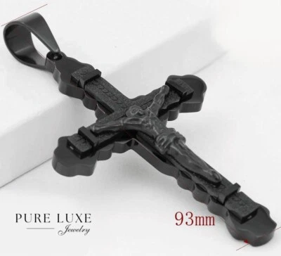 Men's Black Stainless Steel JESUS CROSS 93mm large Pendant Ion Plated BOX - Image 1 of 3