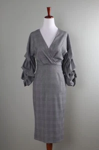 ZARA NWT Houndstooth Plaid Pin Tuck Pleated Sleeve Surplice Dress Size Small - Picture 1 of 6