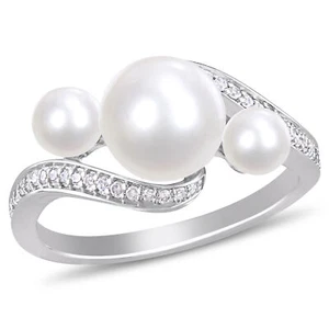 Amour 10k White Gold Cultured Freshwater Pearl 1/6CT TDW Diamond Bypass Ring - Picture 1 of 6