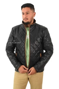 Veste homme en cuir rembourré matelassé diamant noir classique peau d'agneau veste mode - Photo 1/8