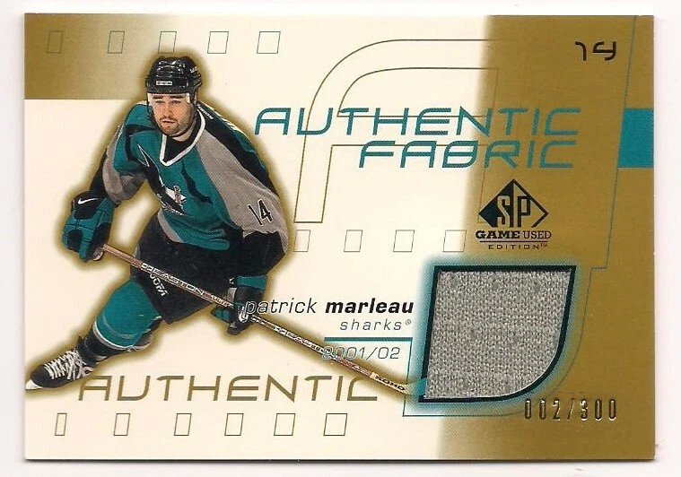Patrick Marleau 01-02 UD SP Game Used Authentic Fabric Game Worn Jersey Gold 300 - Image 1 of 1